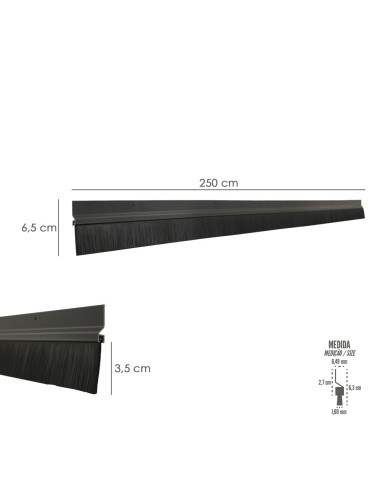 Burlete Para Puertas De Garaje Aluminio Negro Con Cepillo 2,5 m. Cepillo De Puerta, Burlete Garaje, Burlete Cepillo Cochera