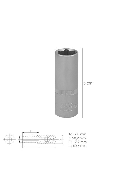 Llave Vaso 1/4" Hexagonal Larga 13 mm. Perfil de 6 caras. Acero Cromo Vanadio, Aristas Redondas