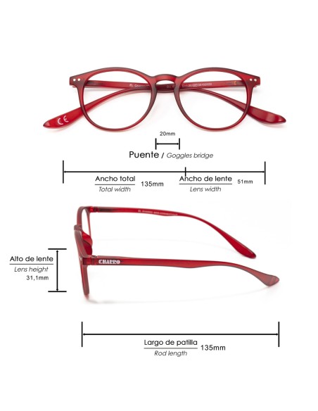 Gafas Lectura Connecticut Color Rojo Aumento +3,5 Patillas Para Colgar Del Cuello , Gafas De Vista, Gafas De Aumento