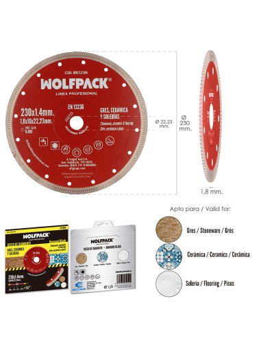 Disco Diamante Ø 230 mm. Porcelanicos, Gres, Ceramica, Solerias. Segmento Diamantado 10 mm.