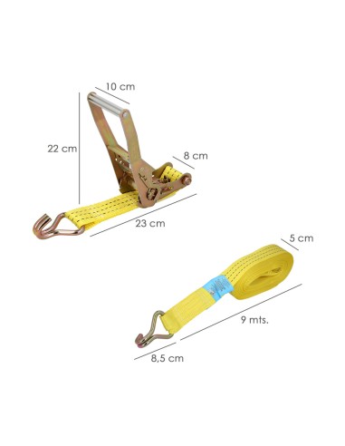 Cinta De Amarre Con Ratchet 9 metros x 50 mm. Trinquete Metalico Automatico, Cincha, Eslinga Mercancia, Correa Sujeción