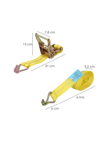 Cinta De Amarre Con Ratchet 6 metros x 38 mm. Trinquete Metalico Automatico, Cincha, Eslinga Mercancia, Correa Sujeción