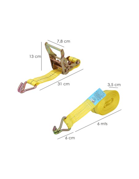 Cinta De Amarre Con Ratchet 6 metros x 38 mm. Trinquete Metalico Automatico, Cincha, Eslinga Mercancia, Correa Sujeción