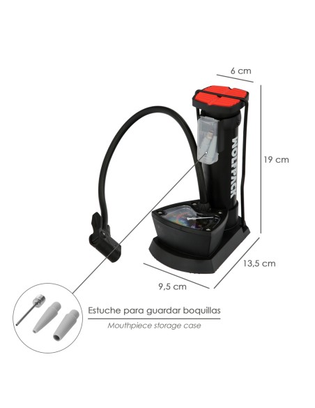 Bomba Aire Pie / Pedal Con Manometro 6 Bares Cuerpo Acero, Valvulas SCHRADER y PRESTA con Adaptadores. Bomba Bicicletas, Motos