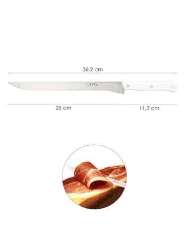 Cuchillo Husky Jamonero 25 cm. Hoja Acero Inoxidable, Cuchillo Jamon, Cuchillo Cortar Jamon Mango Ergonomico Blanco