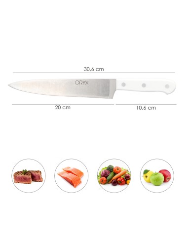 Cuchillo Husky Cocina 20 cm. Hoja Acero Inoxidable, Cuchillo Carne, Cuchillo Pescado, Cuchillo Chef, Mango Ergonomico Blanco