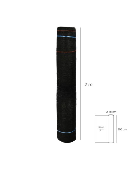 Malla Sombreo Negro 2,0 Metros Rollo 50 Metros, Reduce Radiación, Protección Jardín y Terraza, Regula Temperatura, Color Negro