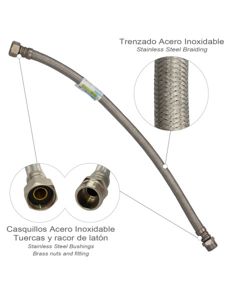 Latiguillo Flexible Reforzado Acero Inoxidable Termo Macho 1/2" - Hembra 1/2" Longitud 500 mm