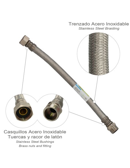 Latiguillo Flexible Reforzado Acero Inoxidable Termo Macho 1/2" - Hembra 1/2" Longitud 300 mm