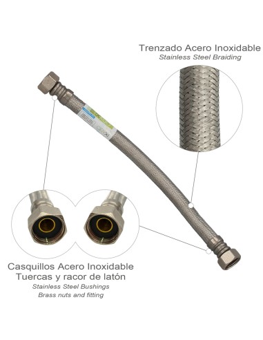 Latiguillo Flexible Reforzado Acero Inoxidable Termo Hembra 1/2" - Hembra 1/2" Longitud 300 mm