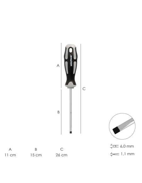 Destornillador Plano Vaciado Acero S2 Mango TPR Bimaterial. Medida 1,2 x Ø 6,0 x 150 mm. DIN5265