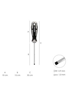 Destornillador Plano Vaciado Acero S2 Mango TPR Bimaterial. Medida 1,0 x Ø 5,0 x 150 mm. DIN5265 2