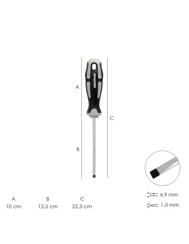 Destornillador Plano Vaciado Acero S2 Mango TPR Bimaterial. Medida 1,0 x Ø 5,0 x 125 mm. DIN5265