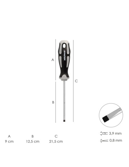 Destornillador Plano Vaciado Acero S2 Mango TPR Bimaterial. Medida 0,8 x Ø 4,0 x 125 mm. DIN5265