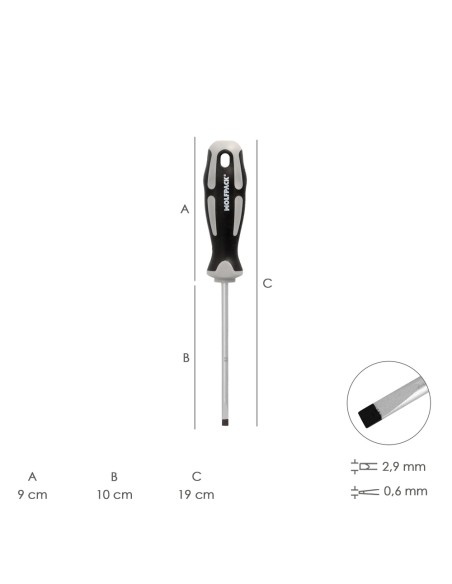 Destornillador Plano Vaciado Acero S2 Mango TPR Bimaterial. Medida 0,5 x Ø 3,0 x 100 mm. DIN5265