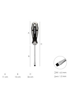 Destornillador Plano Estampado Acero S2 Mango TPR Bimaterial. Medida 1,2 x Ø 6,5 x 150 mm. DIN5265 2