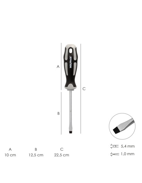 Destornillador Plano Estampado Acero S2 Mango TPR Bimaterial. Medida 1,0 x Ø 5,5 x 125 mm. DIN5265