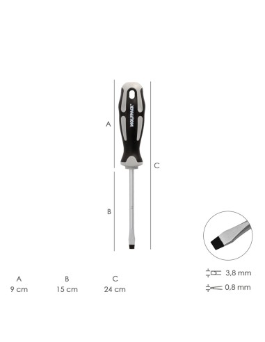 Destornillador Plano Estampado Acero S2 Mango TPR Bimaterial. Medida 0,8 x Ø 4,0 x 150 mm. DIN5265