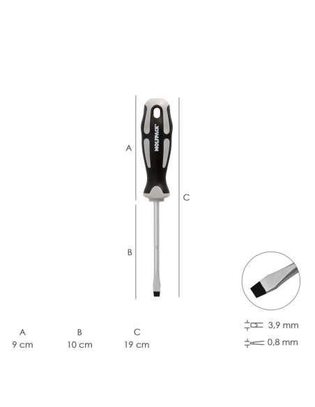 Destornillador Plano Estampado Acero S2 Mango TPR Bimaterial. Medida 0,8 x Ø 4,0 x 100 mm. DIN5265