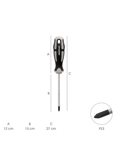 Destornillador Pozidriv Acero S2 Mango TPR Bimaterial. Medida PZ 3 x Ø 8 x 150 mm. DIN5262.