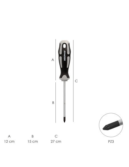 Destornillador Pozidriv Acero S2 Mango TPR Bimaterial. Medida PZ 3 x Ø 8 x 150 mm. DIN5262.
