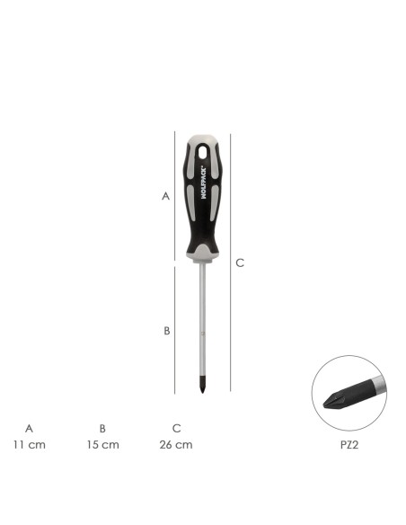 Destornillador Pozidriv Acero S2 Mango TPR Bimaterial. Medida PZ 2 x Ø 6 x 150 mm. DIN5262.