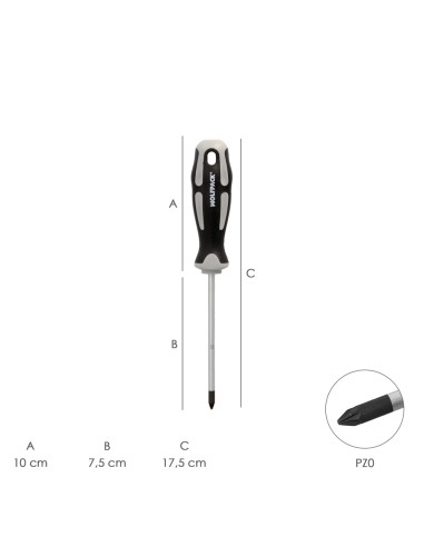 Destornillador Pozidriv Acero S2 Mango TPR Bimaterial. Medida PZ 0 x Ø 3,0 x 75 mm. DIN5262.
