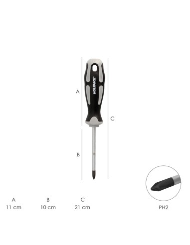 Destornillador Phillips Acero S2 Mango TPR Bimaterial. Medida PH 2 x Ø 6,0 x 100 mm. DIN5262.