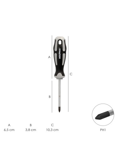 Destornillador Phillips Acero S2 Mango TPR Bimaterial. Medida PH 1 x Ø 5,0 x 38 mm. DIN5262.