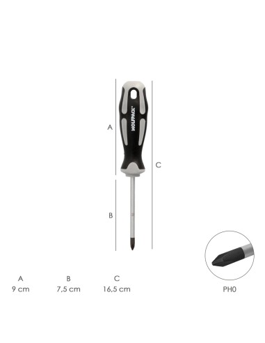 Destornillador Phillips Acero S2 Mango TPR Bimaterial. Medida PH 0 - Ø 3,0 x 75 mm. DIN5262.