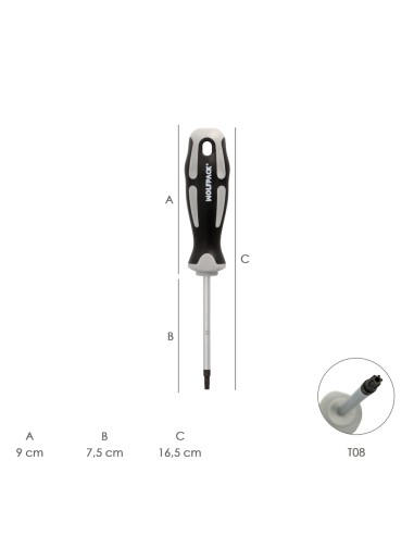 Destornillador Torx Inviolable Acero S2 Mango TPR Bimaterial. Medida T08 x Ø 3,0 x 75 mm.