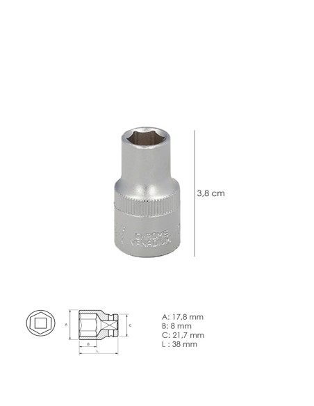 Llave Vaso 1/2" Hexagonal 12 mm. Perfil de 6 caras. Acero Cromo Vanadio, Aristas Redondas