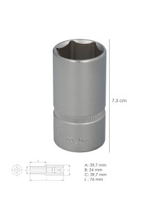 Llave Vaso 1/2" Hexagonal Larga 30 mm. Perfil de 6 caras. Acero Cromo Vanadio, Aristas Redondas 2