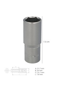 Llave Vaso 1/2" Hexagonal Larga 24 mm. Perfil de 6 caras. Acero Cromo Vanadio, Aristas Redondas 2