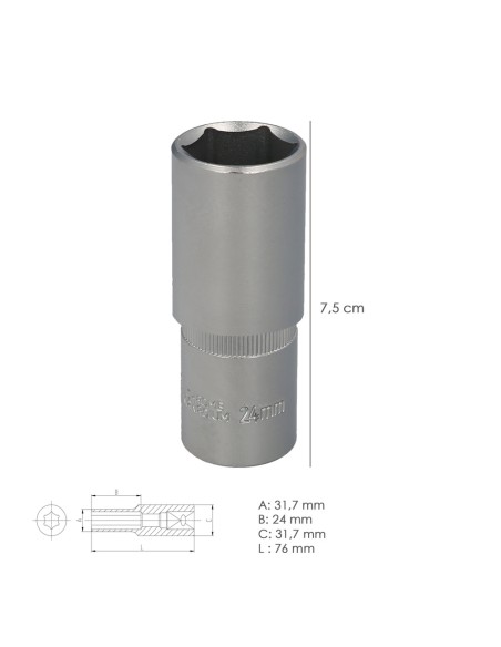 Llave Vaso 1/2" Hexagonal Larga 24 mm. Perfil de 6 caras. Acero Cromo Vanadio, Aristas Redondas