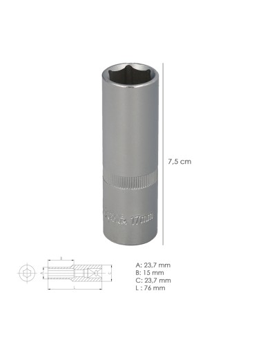 Llave Vaso 1/2" Hexagonal Larga 17 mm. Perfil de 6 caras. Acero Cromo Vanadio, Aristas Redondas