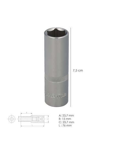 Llave Vaso 1/2" Hexagonal Larga 17 mm. Perfil de 6 caras. Acero Cromo Vanadio, Aristas Redondas
