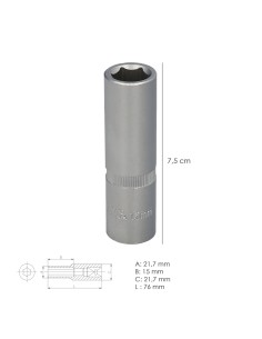 Llave Vaso 1/2" Hexagonal Larga 15 mm. Perfil de 6 caras. Acero Cromo Vanadio, Aristas Redondas 2