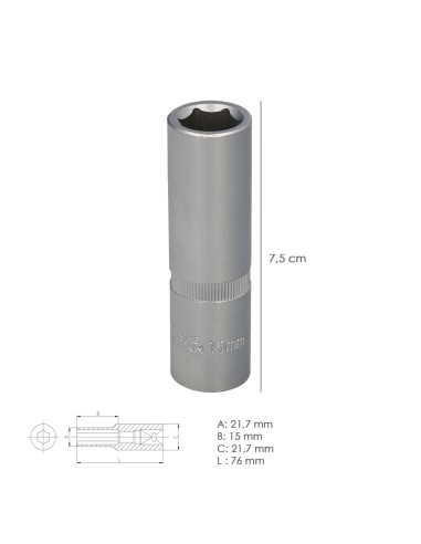 Llave Vaso 1/2" Hexagonal Larga 15 mm. Perfil de 6 caras. Acero Cromo Vanadio, Aristas Redondas