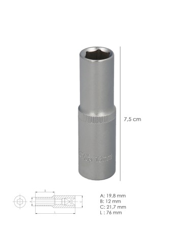 Llave Vaso 1/2" Hexagonal Larga 13 mm. Perfil de 6 caras. Acero Cromo Vanadio, Aristas Redondas