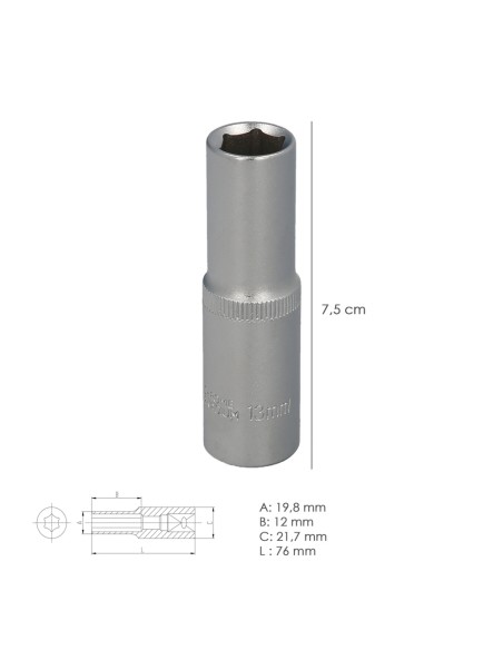 Llave Vaso 1/2" Hexagonal Larga 13 mm. Perfil de 6 caras. Acero Cromo Vanadio, Aristas Redondas