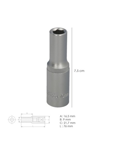 Llave Vaso 1/2" Hexagonal Larga 10 mm. Perfil de 6 caras. Acero Cromo Vanadio, Aristas Redondas