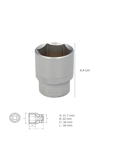 Llave Vaso 1/2" Hexagonal 32 mm. Perfil de 6 caras. Acero Cromo Vanadio, Aristas Redondas