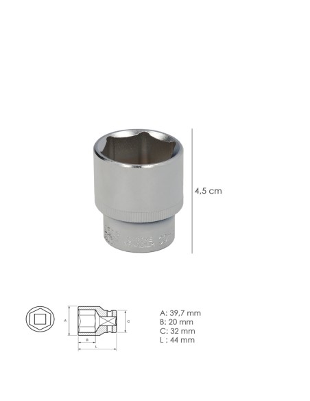 Llave Vaso 1/2" Hexagonal 30 mm. Perfil de 6 caras. Acero Cromo Vanadio, Aristas Redondas