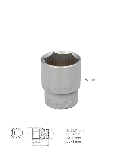 Llave Vaso 1/2" Hexagonal 27 mm. Perfil de 6 caras. Acero Cromo Vanadio, Aristas Redondas