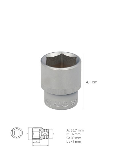 Llave Vaso 1/2" Hexagonal 26 mm. Perfil de 6 caras. Acero Cromo Vanadio, Aristas Redondas