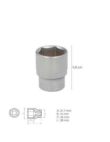 Llave Vaso 1/2" Hexagonal 24 mm. Perfil de 6 caras. Acero Cromo Vanadio, Aristas Redondas