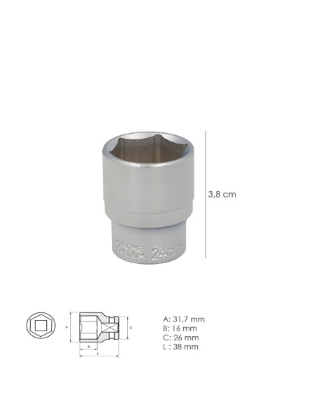 Llave Vaso 1/2" Hexagonal 24 mm. Perfil de 6 caras. Acero Cromo Vanadio, Aristas Redondas