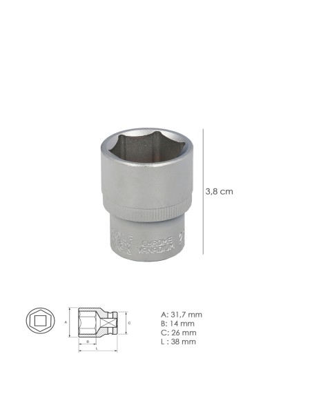 Llave Vaso 1/2" Hexagonal 23 mm. Perfil de 6 caras. Acero Cromo Vanadio, Aristas Redondas
