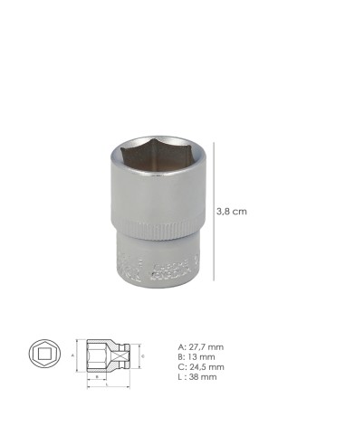 Llave Vaso 1/2" Hexagonal 21 mm. Perfil de 6 caras. Acero Cromo Vanadio, Aristas Redondas